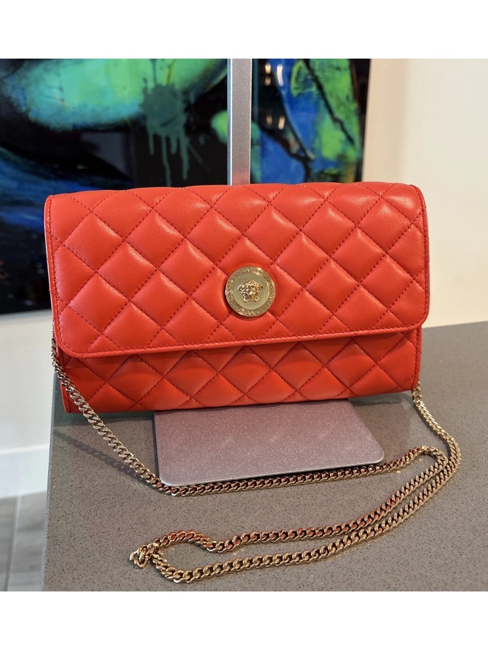 Versace Quilted Coral-Red Chain Shoulder Bag $ 1795 Retail - Picture 2 of 14